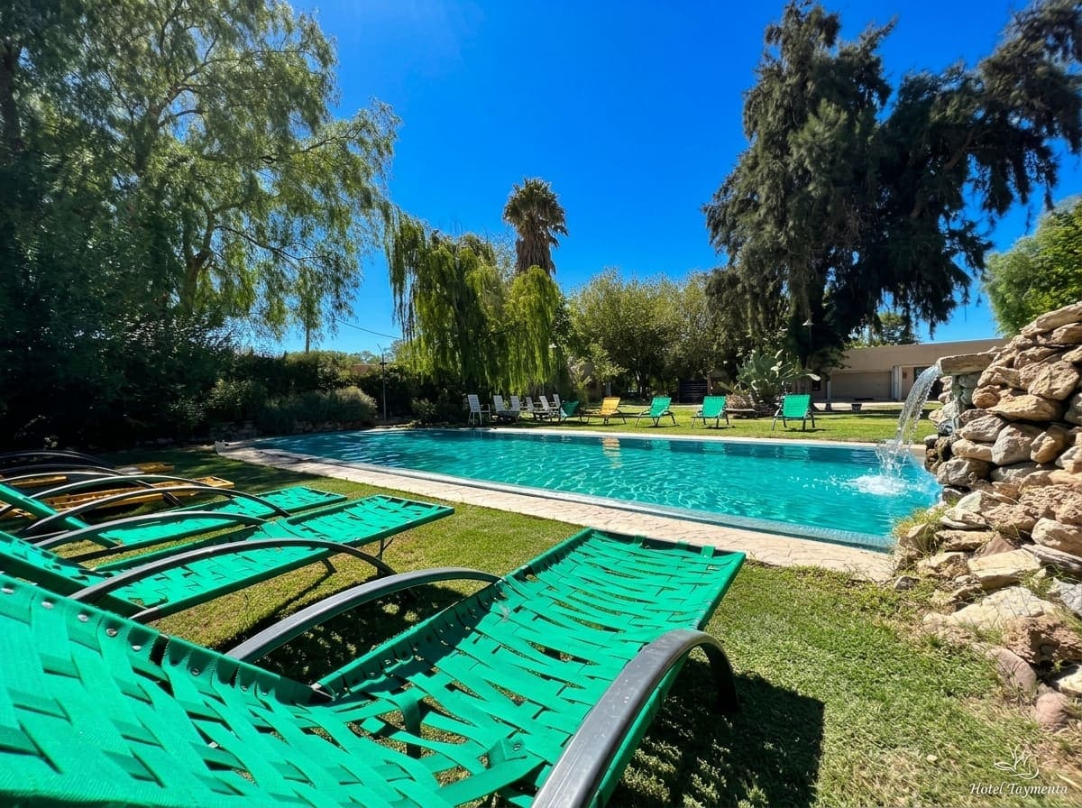 Pileta con cascada y palmeras de Hotel Taymenta